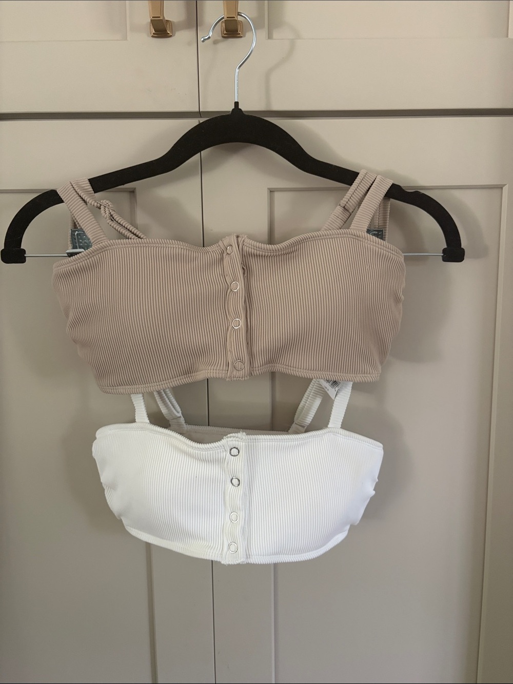 Two Aerie Ribbed Button-Front Bikini Tops Cream and White